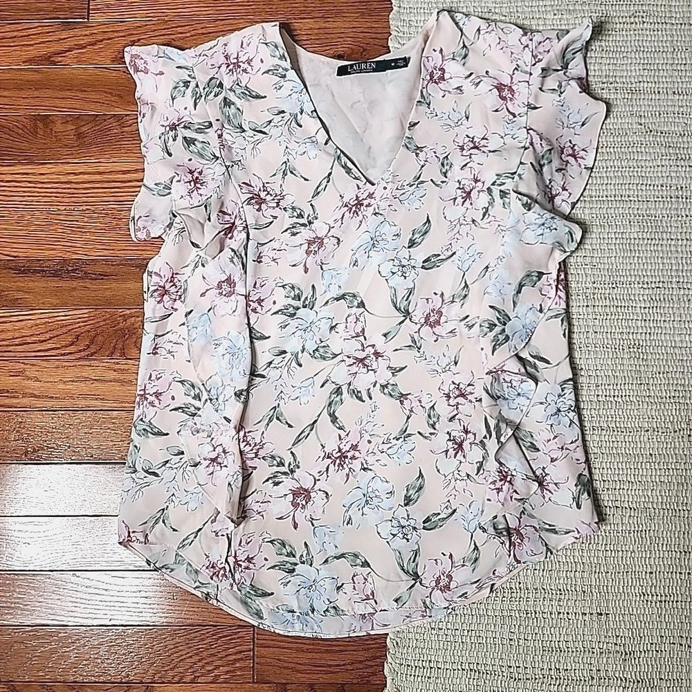 Lauren Ralph Lauren Top M Pink Blue Floral V-neck Flutter Sleeve Ruffle Preppy